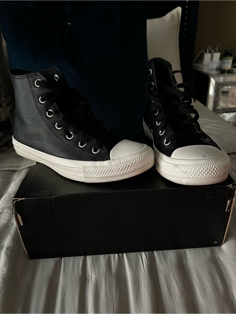Leather Converse Black High-Top Sneakers with White Toe Cap
